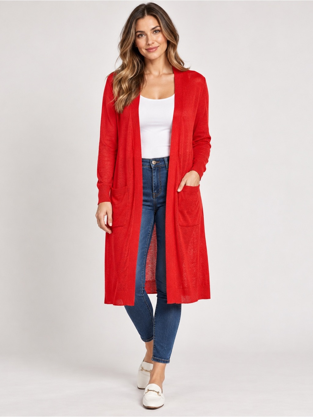 Halogen Red Linen Blend Open Front Long Cardigan Size Small